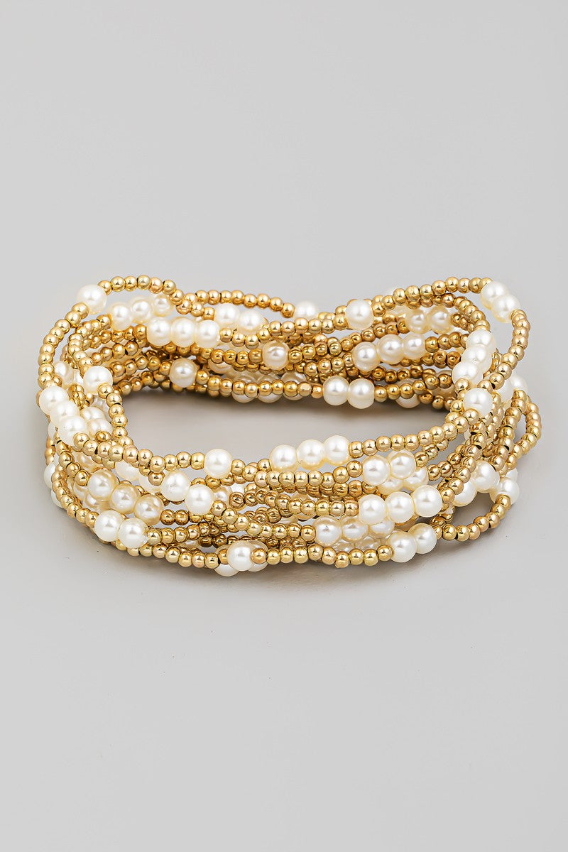 Pearly and Gold Beaded Bracelet Stack