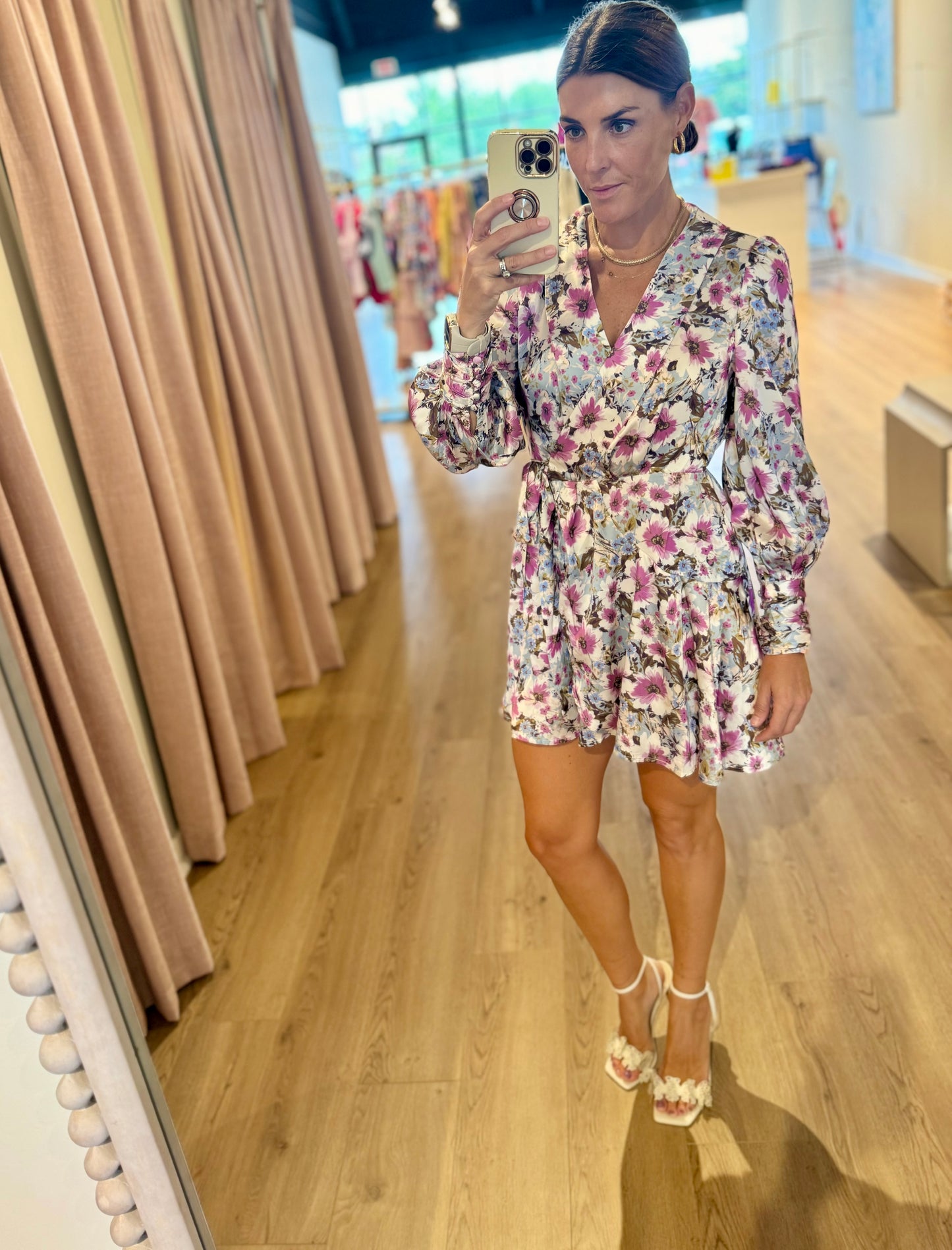 Satin Florals Wrap Dress