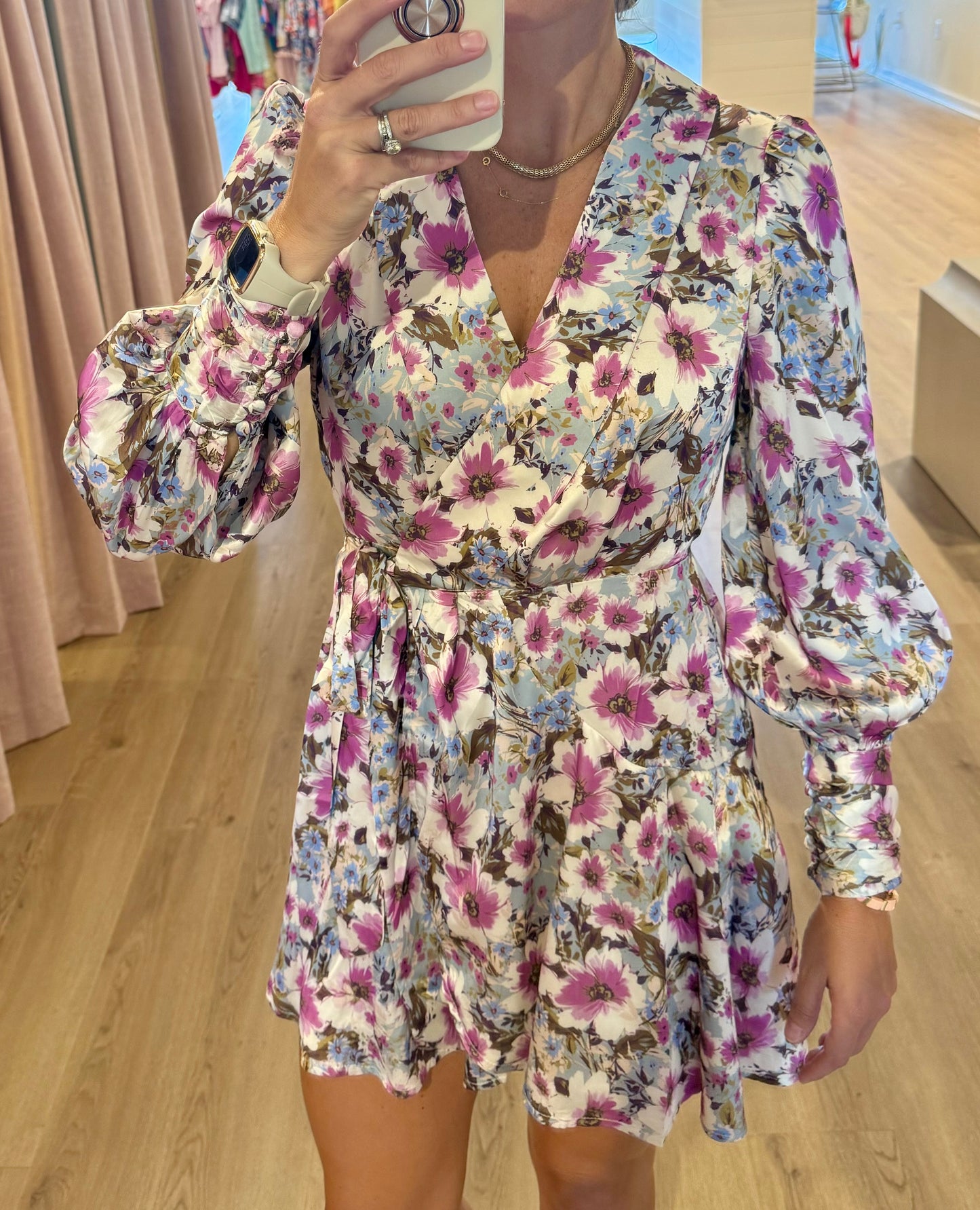 Satin Florals Wrap Dress