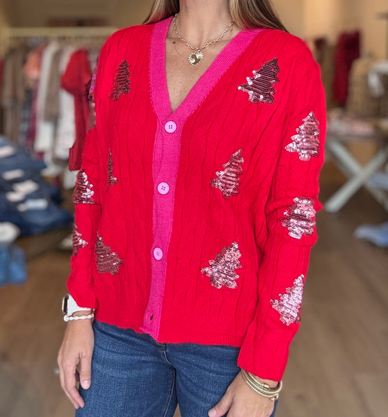 pink & red Christmas tree cardigan