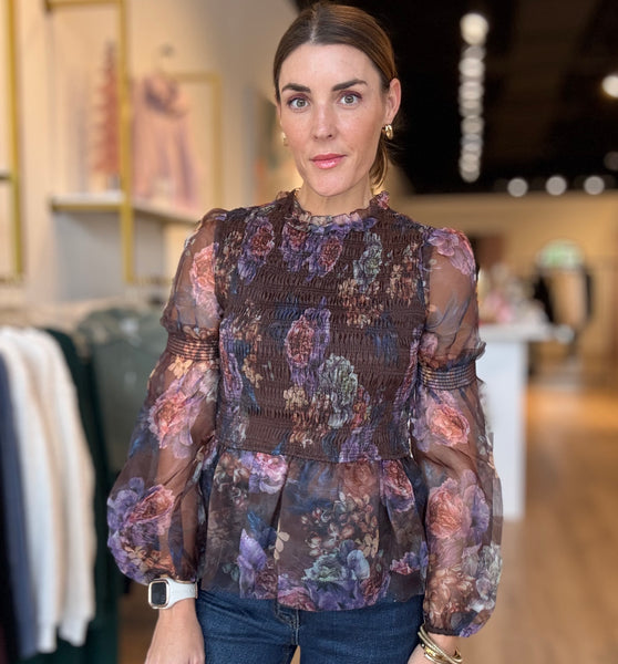 brown smocked floral blouse