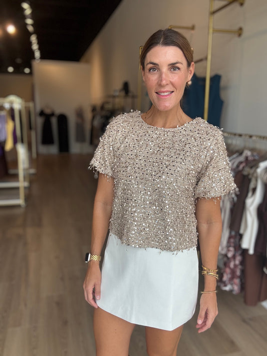Fringy Neutral Sequin Top