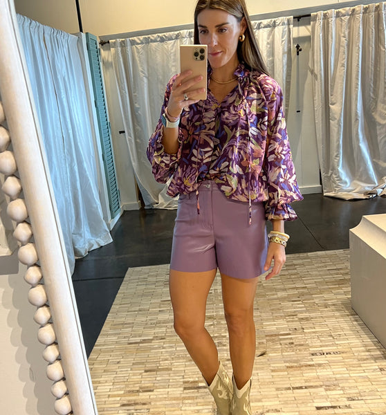 lavender faux leather shorts