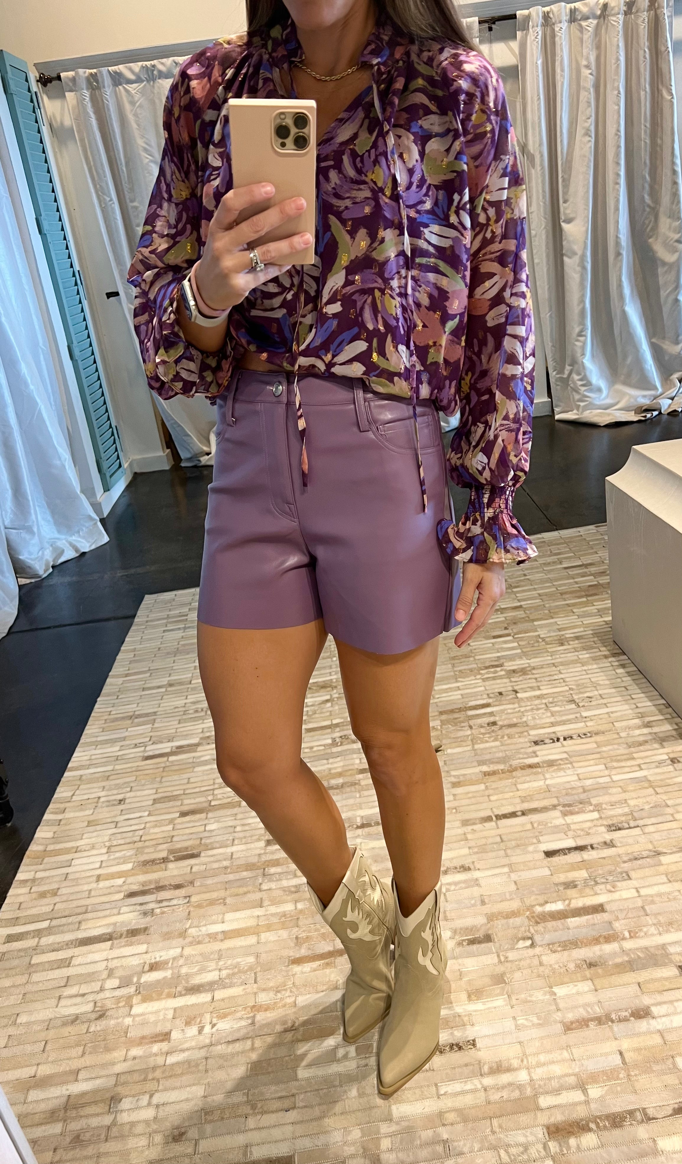 lavender faux leather shorts