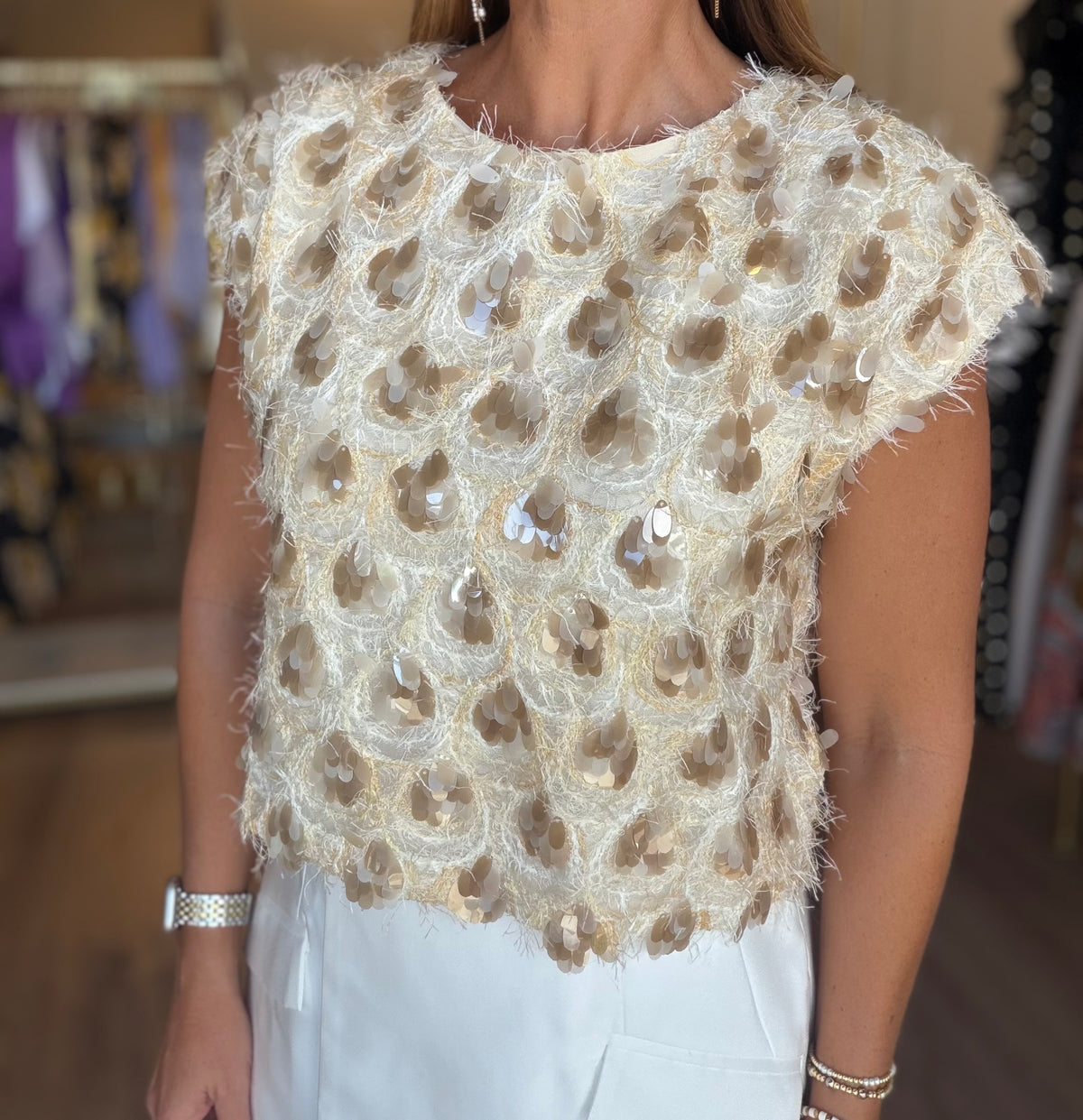 Textured & Sequin Cap Top