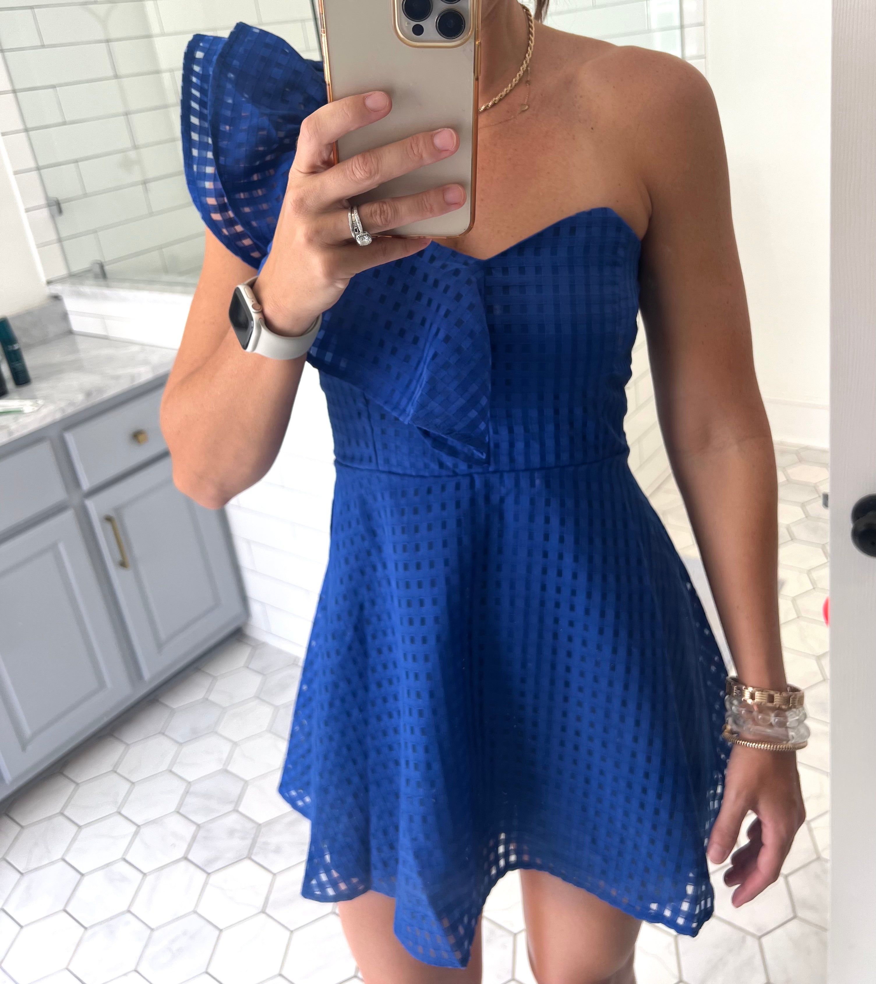 blue check one shoulder dress