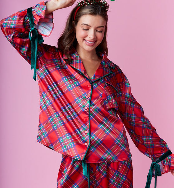 Festive Plaid Satin Pj Set