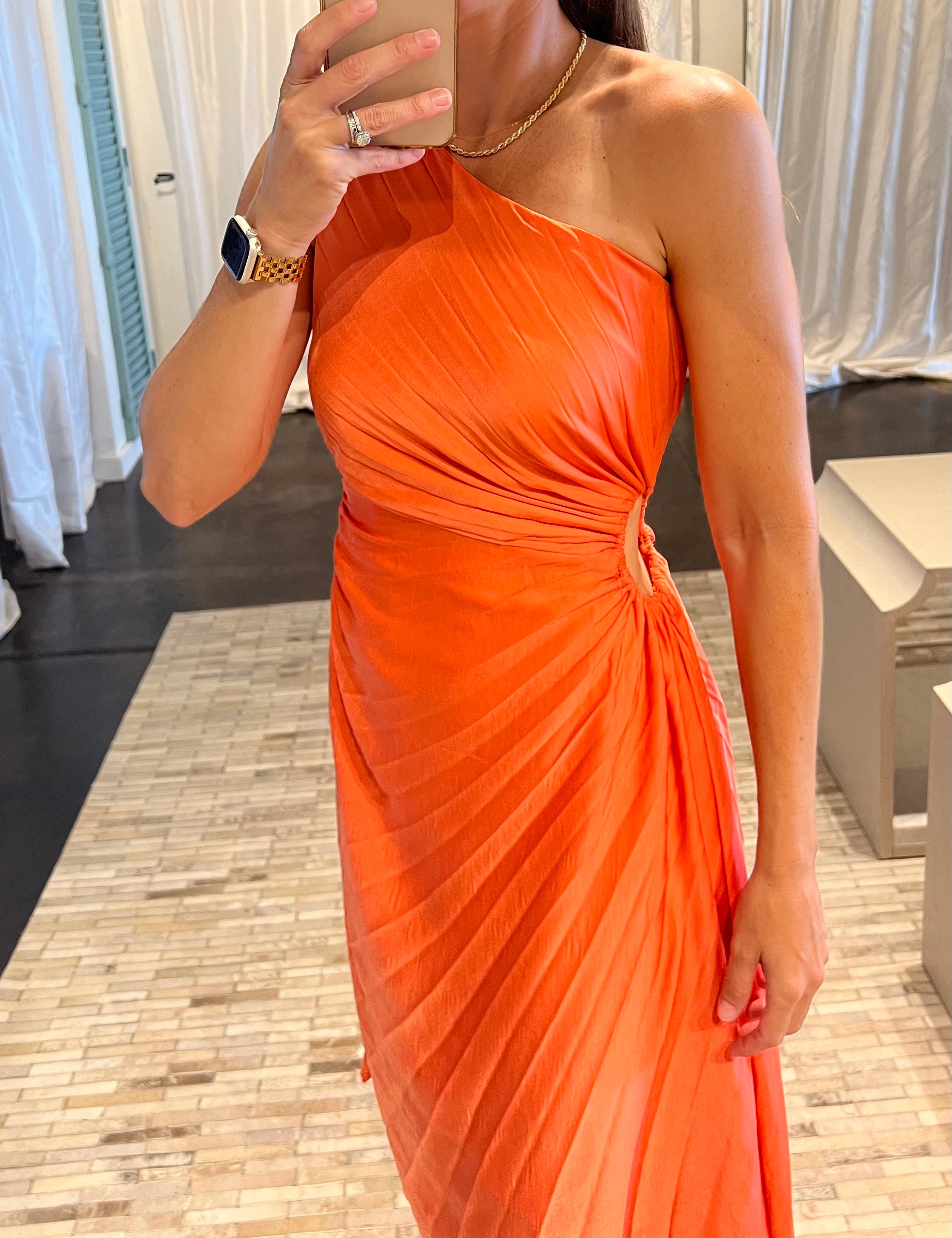 Pleated Tangerine Midi Dress