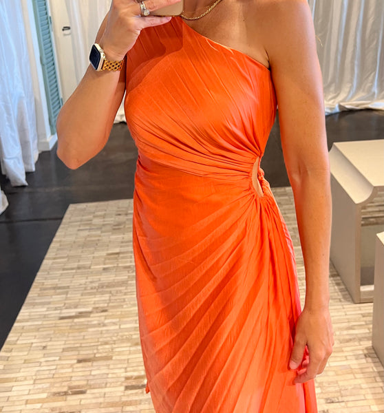 Pleated Tangerine Midi Dress
